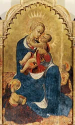 Virgen con el Niño, panel central del Retablo de Santo Domingo de Cortona, hacia 1434, de Sassetta (hacia 1400-1450), temple y oro sobre madera, 52x132 cm