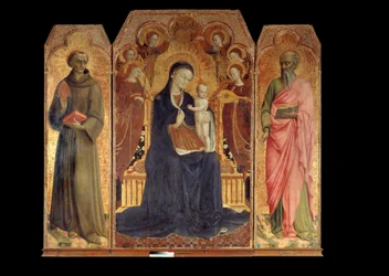 La Virgen y el niño rodeados por seis ángeles. Alrededor: San Antonio de Padua y San Juan Evangelista. Retablo de Stefano di Giovanni Sassetta (1392 - 1450)