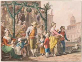 Acuarela; Un puesto de frutas en Nápoles en Navidad