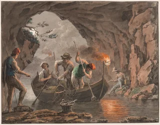 Acuarela; Pesca Nocturna en la Entrada de una Cueva