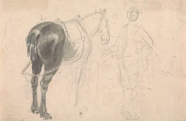 Caballo de granja sujetado por un mozo de cuadra