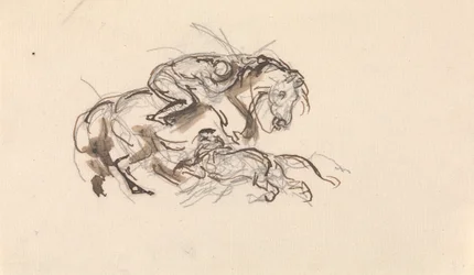 Caballo y jinete atacados por un león