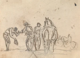 Tres figuras junto a un caballo