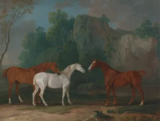 Tres cazadores en un paisaje rocoso