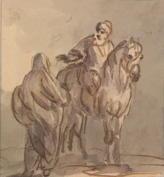 Dos personas: Una de pie y otra sentada a caballo