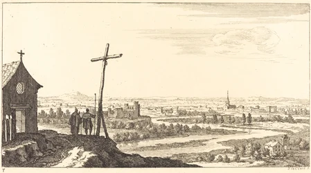 Paisaje con iglesia y ciudad a lo lejos