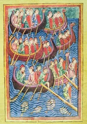 Vikingos desembarcando en Inglaterra durante la segunda ola migratoria (vitela)