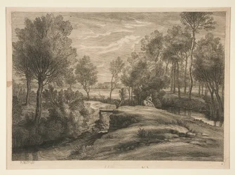Paisaje con hombre regando su caballo