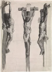 Cristo en la cruz entre los dos criminales crucificados