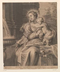 María conoció a amable bij een fontein Fuente de aguas vivas / Fonteyn der houen (título sobre objeto)