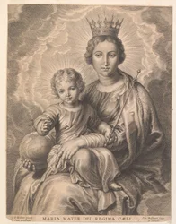 María con niño y globo terráqueo Maria mater dei, regina caeli (título sobre objeto)