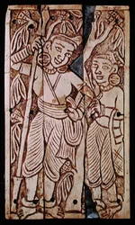 Relieve que representa a dos mujeres bajo un árbol de asoka, de Begram, siglo II-III d.C.