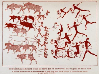 Bosquimanos defienden una manada de bueyes moscas contra las arcas, según una pintura ejecutada por un bosquimano en las paredes de una cueva de los alrededores de Hermón (África Austral).