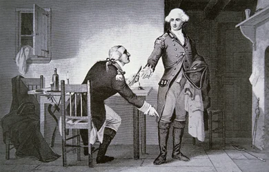 Traidor americano: el General Benedict Arnold instruyendo a Andre para esconder papeles en la parte superior de su bota