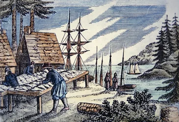 Pescadores secando bacalao en Nueva Inglaterra, de un grabado en madera del siglo XVII
