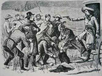 Cuatro bandidos dominan y saquean a dos oficiales y siete soldados cerca de Bismarck, Territorio de Dakota, del 