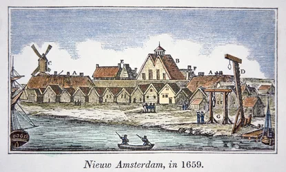 Nueva Ámsterdam (luego Nueva York) en la Isla de Manhattan, de una vista publicada en 1659