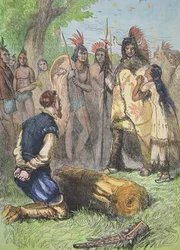 Pocahontas salva la vida de John Smith (grabado en color)