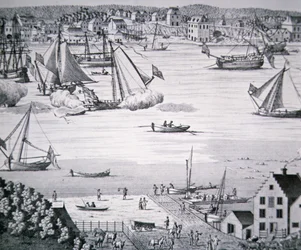 Vista del East River, Nueva York c.1750 con un centro de construcción naval