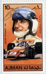 Sello de los Emiratos Árabes Unidos representando al piloto de autos escocés Jackie Stewart (n. 1939).