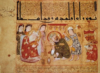 Heraclide de Taranto en la botica. En el siglo III, el médico griego Galieno inventó la teríaca, que fue el primer antídoto contra venenos basado en jugo de amapola. Miniatura en el “Libro de la Teríaca (Kitab al-Diryaq)” folio 17.