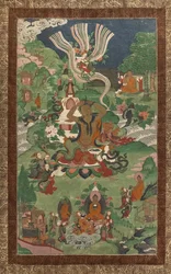 Corte de pelo y otras escenas. Thangka de una secuela dedicada a los principales episodios de la vida de Buda.