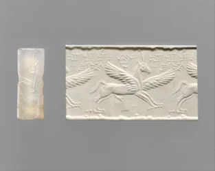 Sello cilíndrico e impresión moderna: caballo alado con garras y cuernos, c. siglo XIV-XIII a.C. (calcedonia)