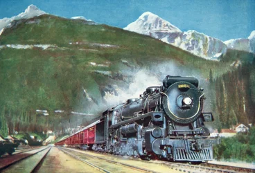 Ferrocarril del Pacífico Canadiense al pie de las Montañas Rocosas