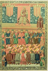 El rey Jaime I el Conquistador presidiendo las Cortes de Lérida en marzo de 1242, extraído de un manuscrito de las "Constitucions de Catalunya".