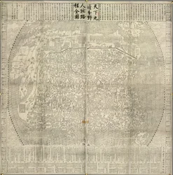 Un mapa de China y los países vecinos. Monumentos como la Gran Muralla. Fechado en 1645.