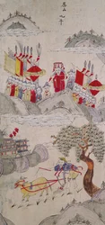 Panel de un biombo que representa historias famosas de China (pigmentos naturales sobre papel)