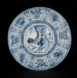 Plato kraak azul y blanco pintado con una dama y un ciervo, Wanli