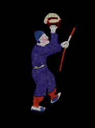 Personaje de la vida cotidiana, llevando una cesta y un palo. Recorte de papel pintado o "Jian Zhi", arte popular chino, Pekín.