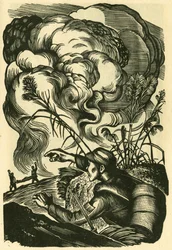 Camarada, todos juntos, escena de guerra de Liu Lun. Grabado en madera, en "Woodcuts of war-time China 1937-1945", Shanghai