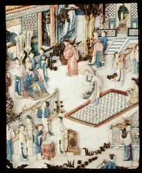 (detalle) de un panel que representa a un dignatario observando a una bailarina, período Qianlong