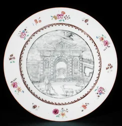 Plato decorado en grisaille con esmaltes Rose Famille que representan a Jacob Bobart (1599-1680) con una cabra y un perro, período Qianlong (1736-95)