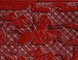 Caja de documentos y tapa, representando un arquero, dinastía Ming (laca roja tallada) (detalle)