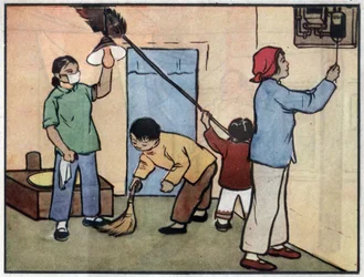 Dibujo con una familia manteniendo el interior de su casa. Ilustración, en "Cómo utilizar la electricidad con seguridad", China.