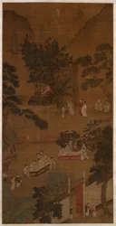 Elegante reunión en el jardín occidental, c.1600 (tinta y color sobre seda)