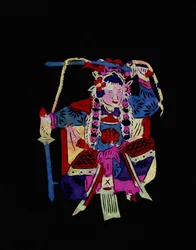 Personaje femenino de la Ópera de Pekín con columpios. Recorte de papel pintado o "Jian Zhi", arte popular chino, Pekín.