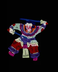 Personaje femenino practicando arte marcial con dos columpios. Recorte de papel pintado o "Jian Zhi", arte popular chino, Pekín.
