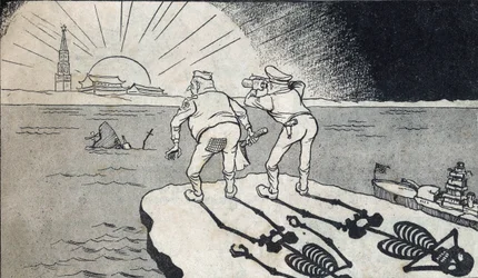 El general MacArthur con su sombra esquelética mirando a los gemelos de la República Popular China. Caricatura, en «Dibujos satíricos», Pekín