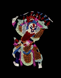 Personaje masculino de la Ópera de Pekín con máscara. Recorte de papel pintado o "Jian Zhi", arte popular chino, Pekín.
