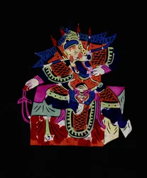 Personaje masculino de la Ópera de Pekín con máscara. Recorte de papel pintado o "Jian Zhi", arte popular chino, Pekín.