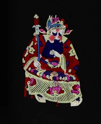 Personaje masculino de la Ópera de Pekín con máscara. Recorte de papel pintado o "Jian Zhi", arte popular chino, Pekín.