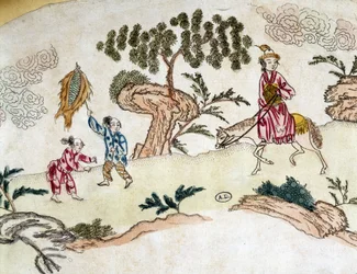 Mujer noble a caballo y niños volando cometa - Impresión china, circa 1800