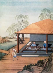 Antigua fábrica de papel, grabado en color, China