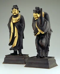 Par de funcionarios taoístas, dinastía Yuan o principios de la dinastía Ming (bronce parcialmente dorado)