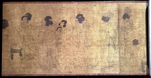 Damas del Palacio en Ocio, detalle de damas preparándose para salir, después de un original de Wen-chu Chou