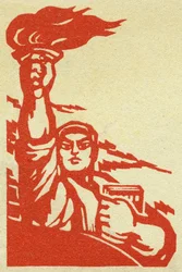 Retrato de un revolucionario chino portando una llama y el Libro Rojo del Presidente Mao (1893-1976) en la República Popular China. Ilustración de propaganda, en "Manuel pour bien drawing", Pekín.